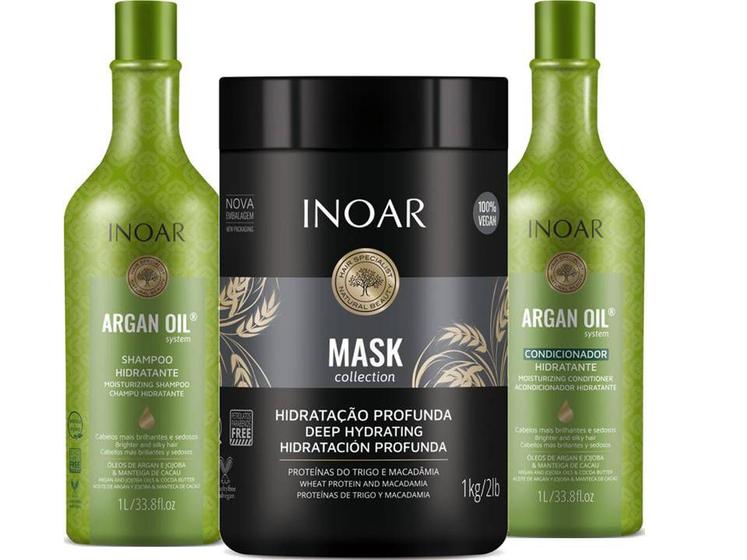 Kit Inoar Óleo de Argan Shampoo e Condicionador Litro + Mask Collection 1kg Nutrição Reparação e Hidratação Profunda Menor preço em Kit Inoar Óleo de Argan Shampoo e Condicionador Litro + Mask Collection 1kg Nutrição Reparação e Hidratação Profunda