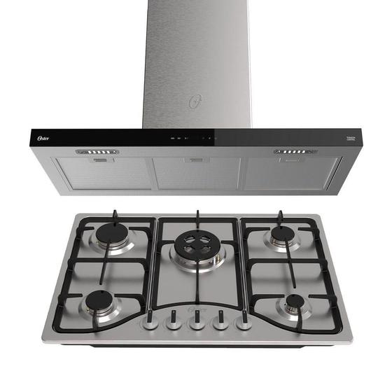 Kit Inox Cooktop A Gás 5 Bocas E Coifa De Ilha 90 Cm Oster 110V ...