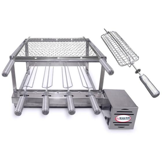 Kit Inox Elétrico Giratório Direito Churrasqueira 4 Espetos Brasa Grill + Grelha + Espeto Grelha