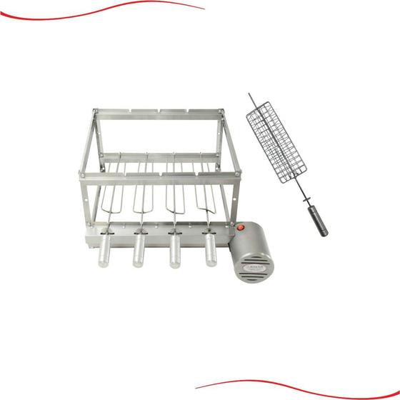 Kit Inox Elétrico Giratório Gira 4 Espetos Brasa Grill + 1 Espeto ...