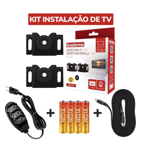 Imagem de Kit Instalação de TV Suporte Fixo Universal LED LCD Brasforma + Cabo Hdmi 2 Metros + Extensão 3 Metros+ 4 Pilhas AAA Elgin