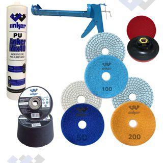 Imagem de Kit Instalação Porcelanato 3 Lixa Prato Rebolo Pu Aplicador