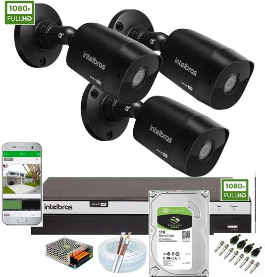 Imagem de Kit Intelbras 3 Cameras de Segurança 1220b Black Full Hd Dvr Mhdx 3004 C/ 1tb