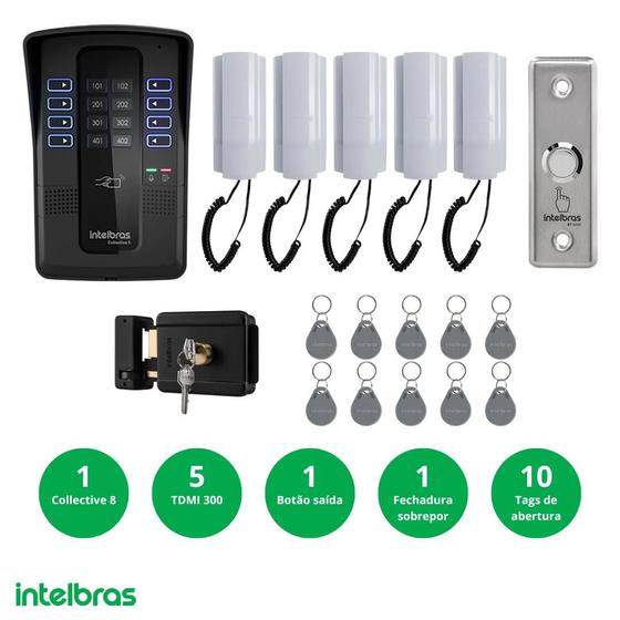 Imagem de Kit Interfone Porteiro Eletrônico Com 5 Pontos Collective 8i Intelbras 10 Tags Fechadura Fx500 Botão