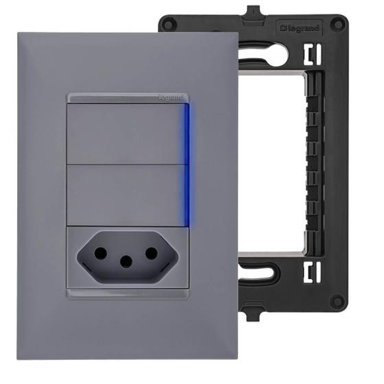 Imagem de Kit Interruptor Duplo com LED e Tomada 20A com Placa e Suporte 4x2 Legrand