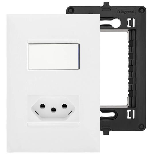 Imagem de Kit Interruptor Paralelo Blue LED e Tomada 10A Com Placa e Suporte 4x2 Branco Pial Plus+
