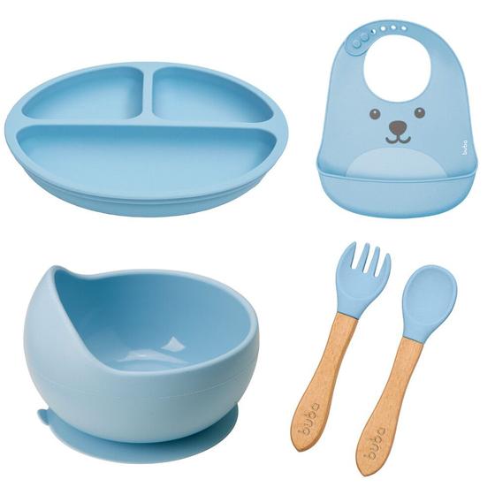 Imagem de Kit Introdução Alimentar Pratinho Bowl Talheres e Babador BPAFree para Microondas e Lava Louças Buba Silicone Azul