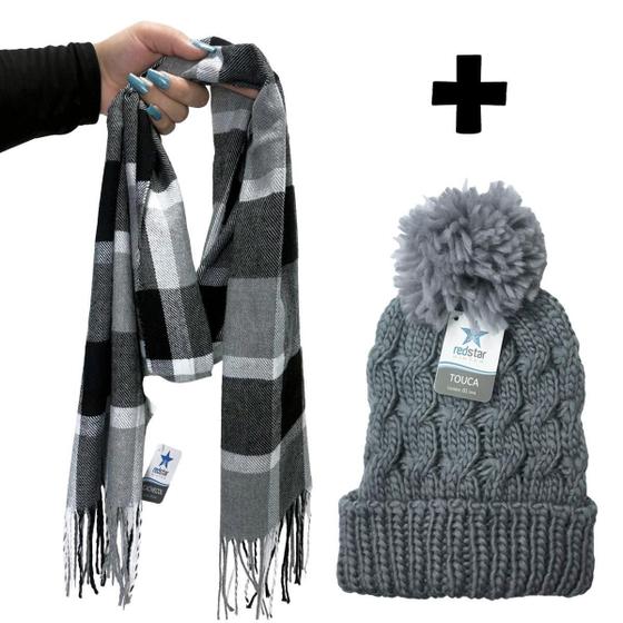 Imagem de Kit Inverno Feminina Cachecol Xadrez E Touca Pompom