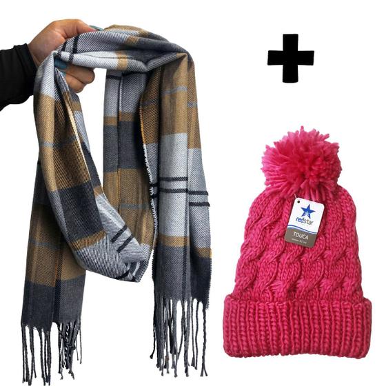 Imagem de Kit Inverno Frio Cachecol Xadrez Blogueira Com Touca Pompom Quentinha