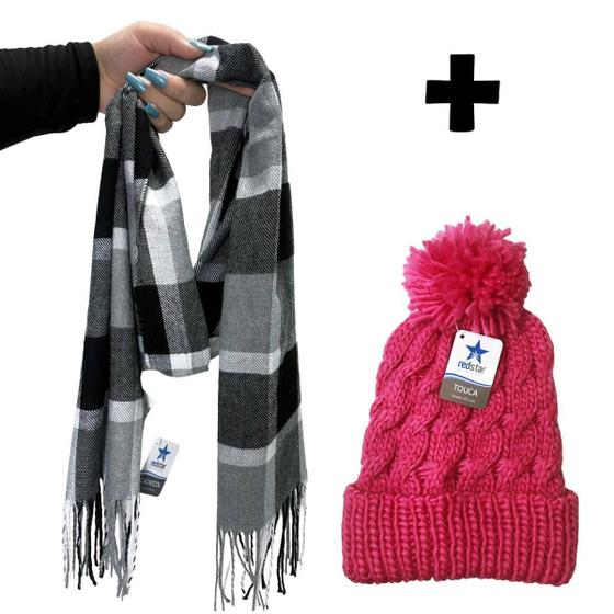 Imagem de Kit Inverno Frio Feminino Cachecol Xadrez E Touca Pompom