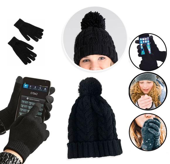 Imagem de Kit Inverno Gorro Lã Tricot e Luvas com Touch para Celulares