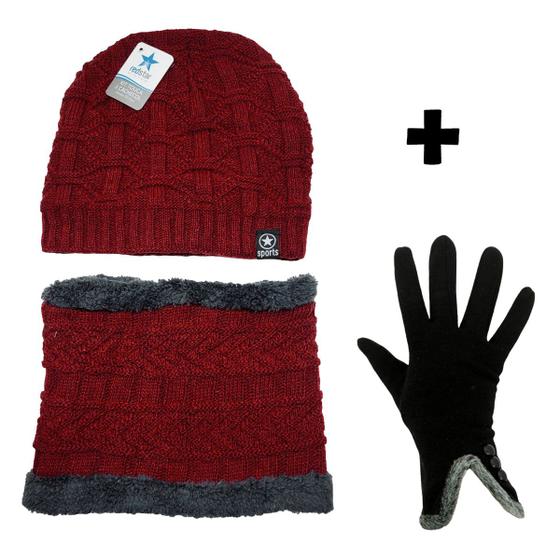 Imagem de Kit Inverno Quentinho Moda Com Cachecol De Franjas Touca Com Pompom E Luva Forrada Elegante
