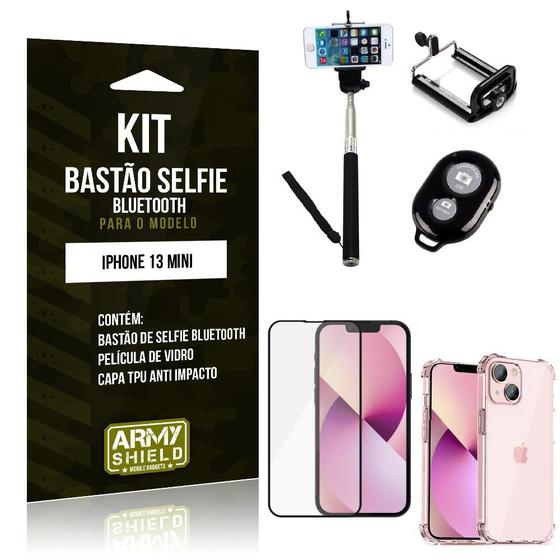 Imagem de Kit iPhone 13 Mini 5.4 Bastão de Selfie Bluetooth + Capinha Anti Impacto + Película Vidro 3D -Armyshield