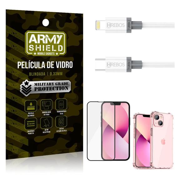 Imagem de Kit iPhone 13 Mini 5.4 Cabo Tipo C Lightning HS130 + Capinha + Película 3D - Armyshield