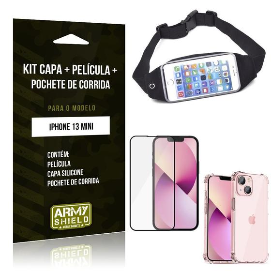 Imagem de Kit iPhone 13 Mini 5.4 Pochete + Capinha Anti Impacto + Película de Vidro 3D - Armyshield