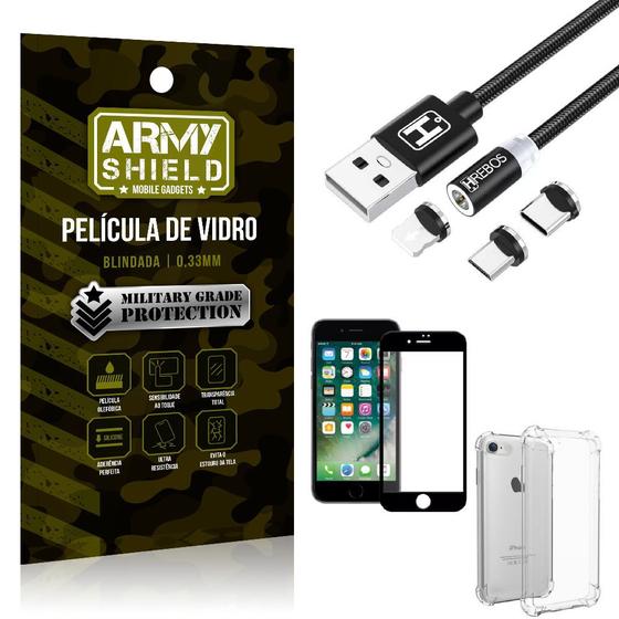 Imagem de Kit iPhone 8 Cabo Magnético 2 Metros + Capinha + Película 3D - Armyshield