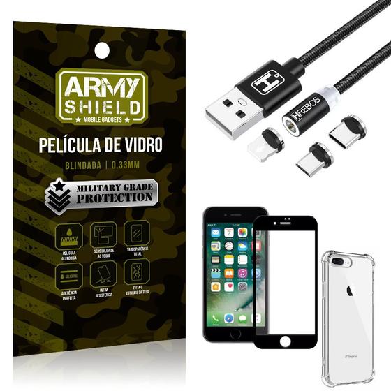 Imagem de Kit iPhone 8 Plus Cabo Magnético 2 Metros + Capinha + Película 3D - Armyshield