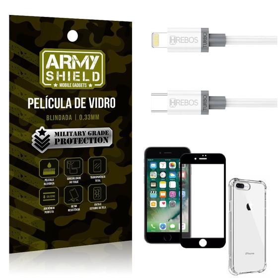 Imagem de Kit iPhone 8 Plus Cabo Tipo C Lightning HS130 + Capinha + Película 3D - Armyshield