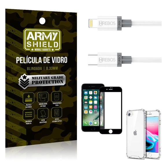 Imagem de Kit iPhone SE 2020 Cabo Tipo C Lightning HS130 + Capinha + Película 3D - Armyshield