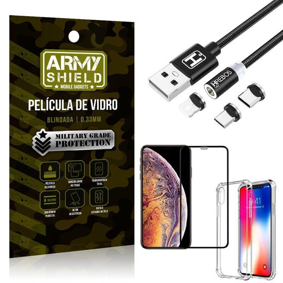 Imagem de Kit iPhone XS Max 6.5 Cabo Magnético 2 Metros + Capinha + Película 3D - Armyshield