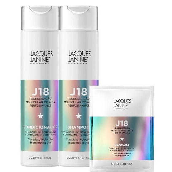 Imagem de Kit Jacques Janine J18 Shampoo Sem Sal 240ml Condicionador 240ml Sachê Hidratação Creme 30g