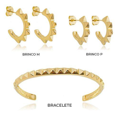 Imagem de Kit Jade - Bracelete Regulável Spike + Brinco P e M Banhado em Ouro 18k