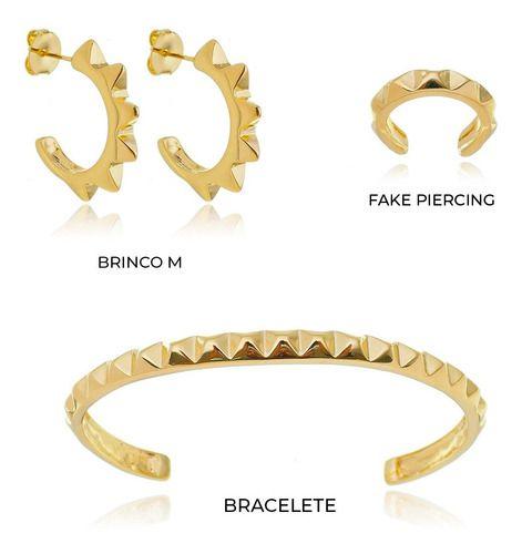 Imagem de Kit Jade - Bracelete Spike + Brinco M + Fake Piercing Banhado em Ouro 18k