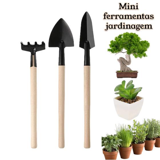 Imagem de Kit Jardinagem Ferramenta Pra Horta Mini Conjunto Madeira Cultivo Suculenta Bonsai Vaso Pá Rastelo