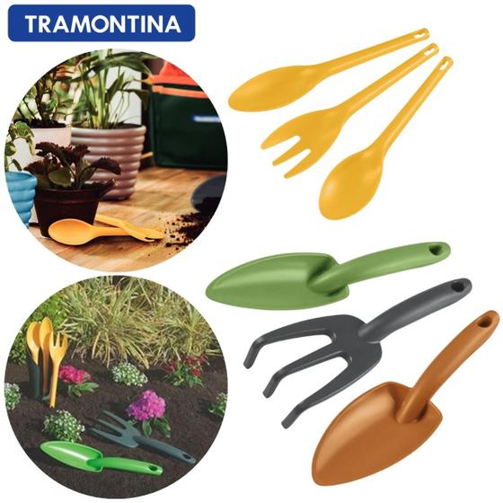 Imagem de Kit Jardinagem Infantil Ferramentas Seguro Para Criança Compacto Resistente Reforçado Plastico 6 Peças Tramontina