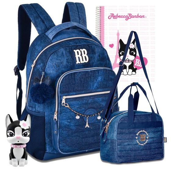 Imagem de Kit Jeans Mochila Lancheira Boneca e Caderno Rebecca Bonbon