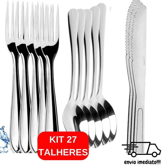 Imagem de Kit Jogo 27 Talheres 9 Garfos 9 Colheres e 9 Facas Aço Inox De alta Qualidade Envio Imediato Cozinha Refeitorio Restaurante Alomoço Janta 