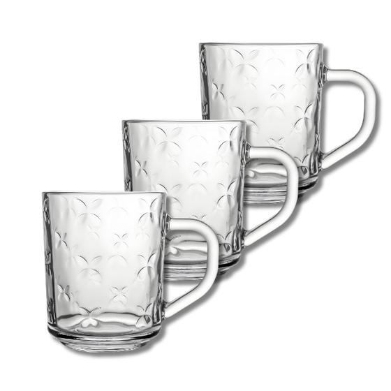 Imagem de Kit Jogo 3 Canecas Borboleta Vidro Transparente Casual Para Servir Café Chá Leite 246ml Class Home