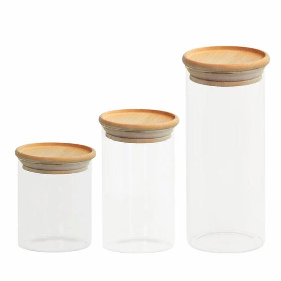 Imagem de Kit Jogo 3 Potes Hermético De Vidro Com Tampa Bambu Porta Mantimentos Alimentos Empalhável