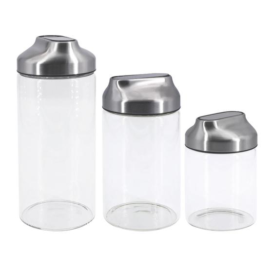 Imagem de Kit Jogo 3 Potes Hermético Mantimentos de Vidro Tampa Inox Condimentos Organizador Alimentos