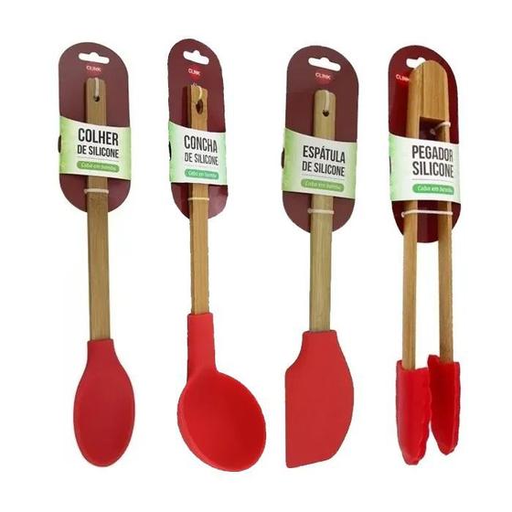 Imagem de Kit Jogo 4 Colheres De Silicone Cabo Madeira Utensílios Cozinha