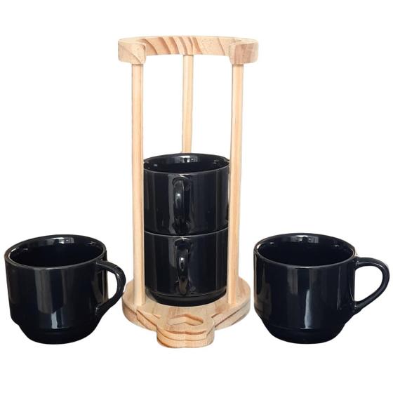 Imagem de Kit Jogo 4 Xicaras Café/Chá 200ml c/ suporte pinus - Preta