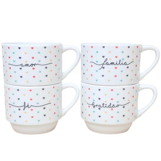 Imagem de Kit Jogo 4 Xicaras Café Chá hotel 200ml Empilháveis - Poá Colorido Frases