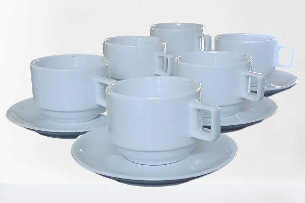 Imagem de Kit Jogo 6 xícaras Café Chá com pires - 200ml Empilháveis - Porcelana branca