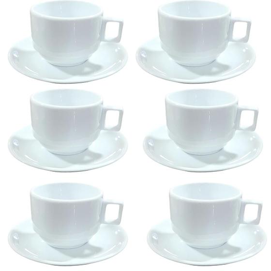 Imagem de Kit Jogo 6 xícaras Café Chá com pires - 200ml Empilháveis - Porcelana branca