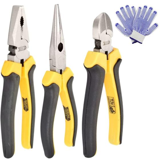 Imagem de Kit Jogo Alicates Universal 8" + Meia Cana 6" + Corte Diagonal 6" + Luva Pigmentada  Fertak