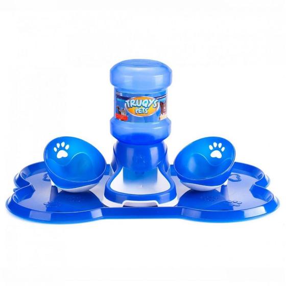 Imagem de Kit Jogo Americano Osso com Bebedouro Automatico + 2 Comedouros para Pet Azul  Truqys 