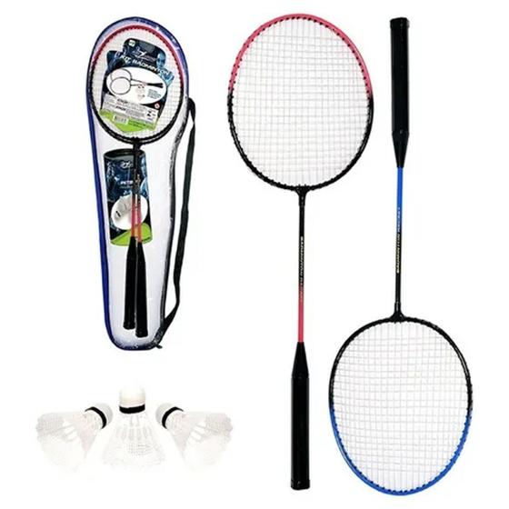 Imagem de Kit Jogo Badminton Completo Iniciante Raquete Peteca 5 peças Presente 2 Raquetes 3 Petecas 1 Bolsa Praia Férias