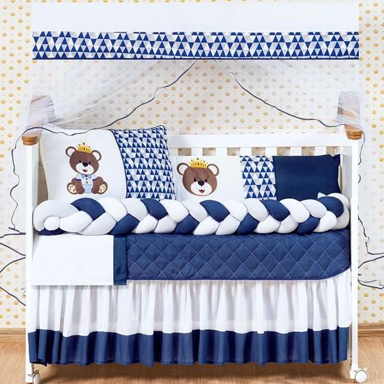 Imagem de Kit Jogo Berço Urso Rei Menino Azul Marinho 13 Pçs Com Saia