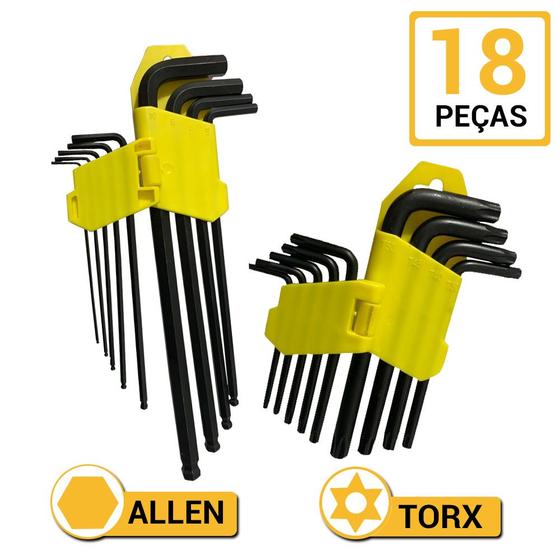 Imagem de  Kit Jogo Chave Torx L Longa E Allen Torque Bola 18 Peças Furo Guia Profissional 