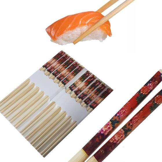 Imagem de Kit Jogo Com 10 Pares Hashi Bambu Reutilizável Espeto Oriental Grande 24cm