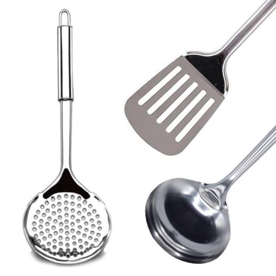 Imagem de Kit Jogo Conjunto com 3 Peças Concha Espátula Vazada e Escumadeira Aço Inox Utensílios para Cozinha