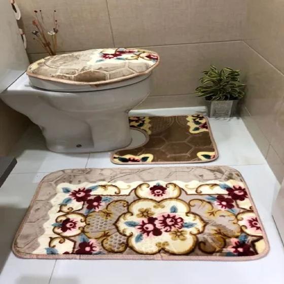 Imagem de Kit Jogo Conjunto  De Tapetes 3 Peças Para Banheiro Floral Macio 3 Peças