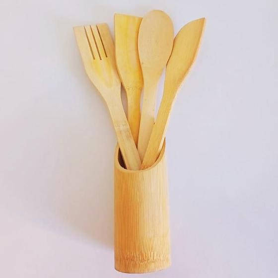 Imagem de Kit Jogo Conjunto Utensílios para Cozinha em Bambu 5 Peças Suporte
