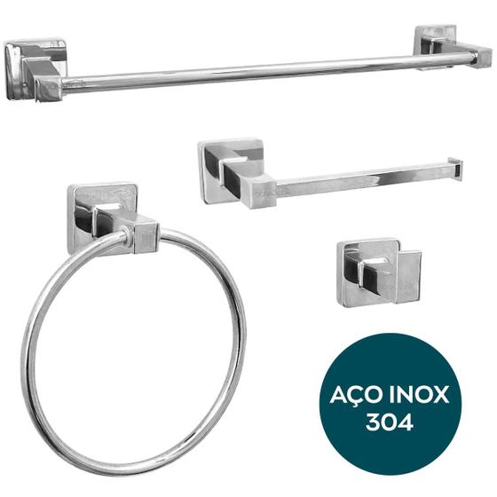 Imagem de Kit Jogo De Banheiro Quadrado Acessorio Lavabo Aço Inox 304 Cromado 4 Peças Toalheiro Porta Toalha Argola Papeleira Gancho Suporte De Toalha Luxo