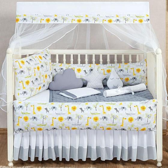 Imagem de Kit Jogo De Berço 2 Laterais Amarelo/Branco Safari 13 Peças
